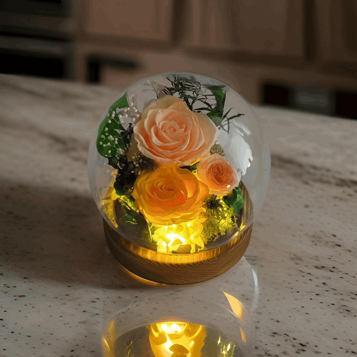 Forever Rose Dome - Champagne preserved Rose and Flower in Glass Dome with LED Light Base