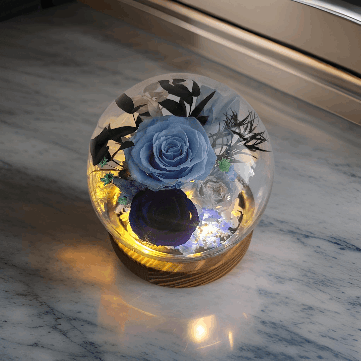 Forever Rose Dome - Blue preserved Rose and Flower in Glass Dome with LED Light Base