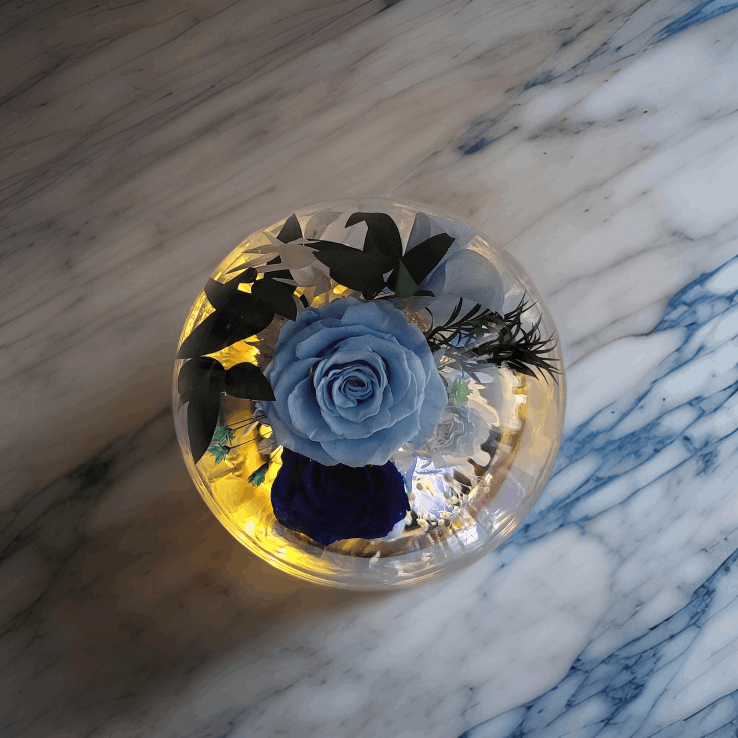Forever Rose Dome - Blue preserved Rose and Flower in Glass Dome with LED Light Base