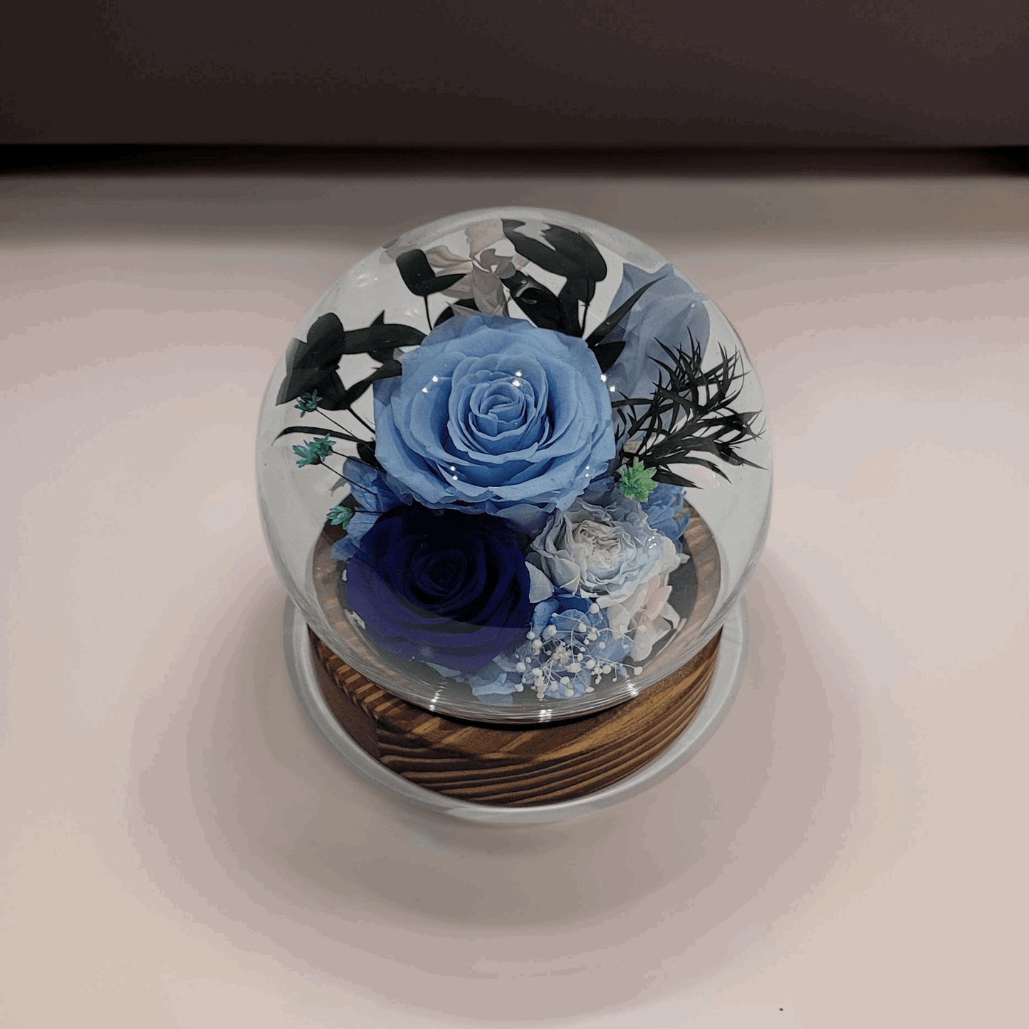 Forever Rose Dome - Blue preserved Rose and Flower in Glass Dome with LED Light Base