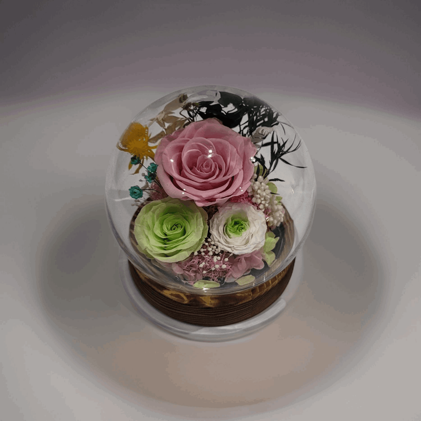Forever Rose Dome - Pink, Green and White preserved Rose and Flower in Glass Dome with LED Light Base