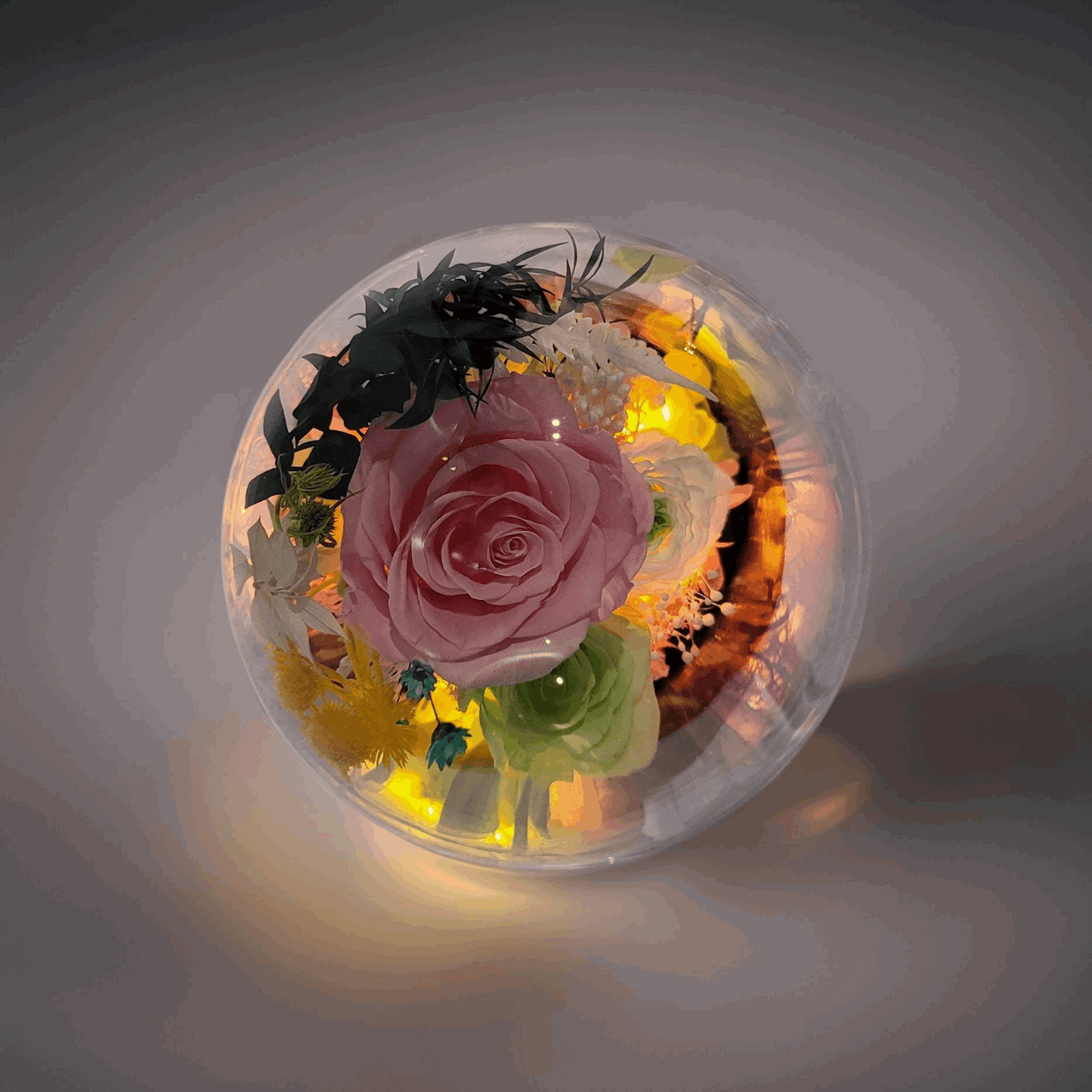 Forever Rose Dome - Pink, Yellow and Green preserved Rose and Flower in Glass Dome with LED Light Base