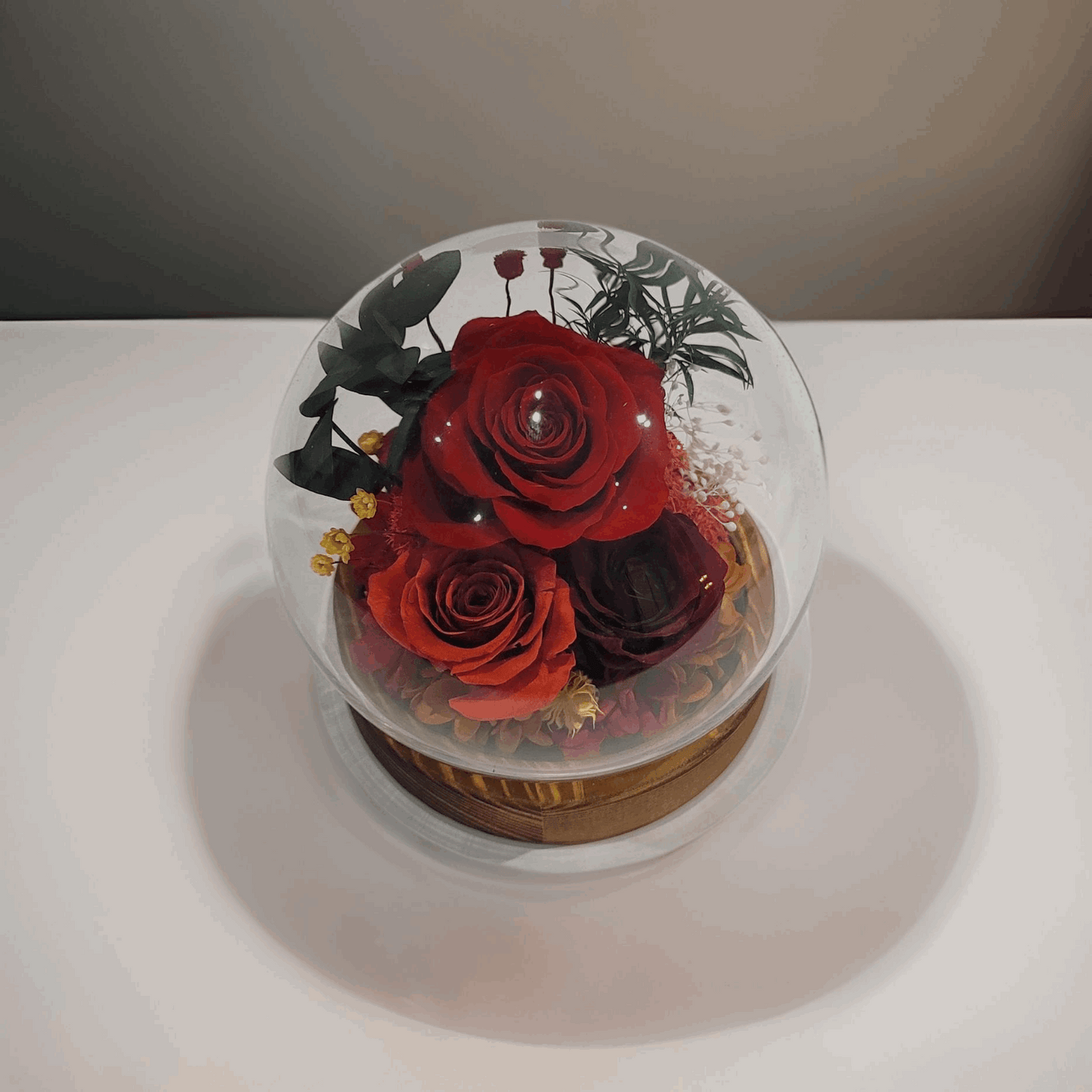 Forever Rose Dome - Red preserved Rose and Flower in Glass Dome with LED Light Base