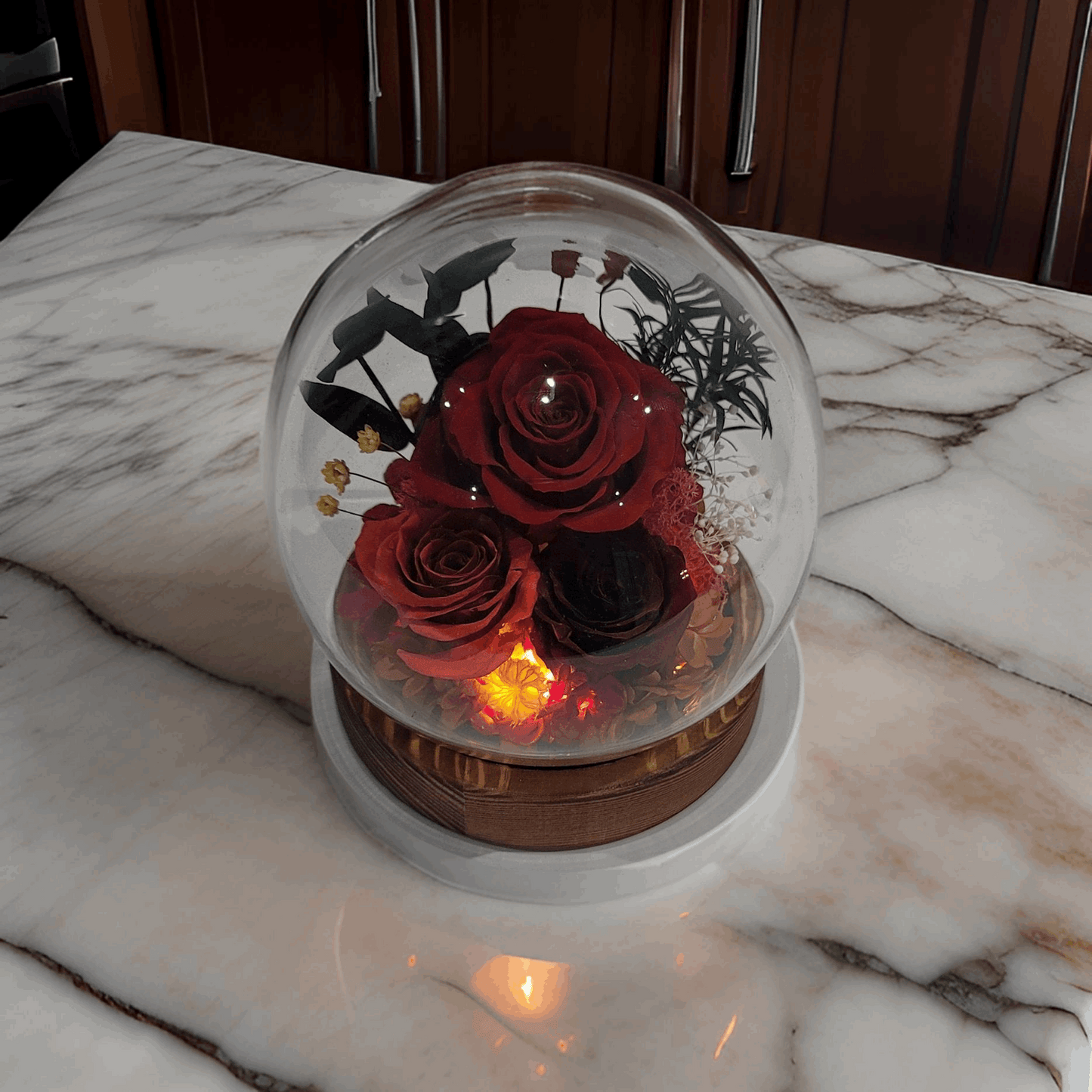 Forever Rose Dome - Red preserved Rose and Flower in Glass Dome with LED Light Base