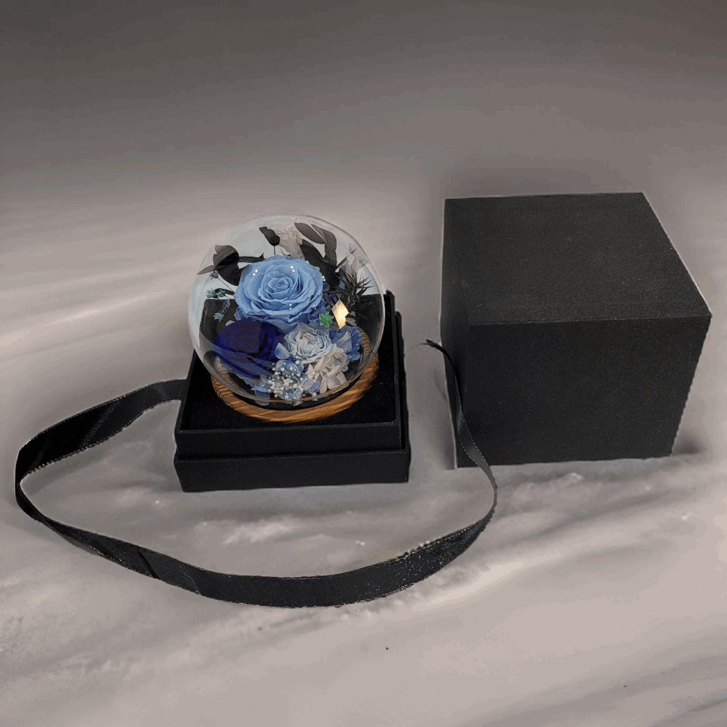 Forever Rose Dome - Blue preserved Rose and Flower in Glass Dome with LED Light Base and beautiful gift/shipping package