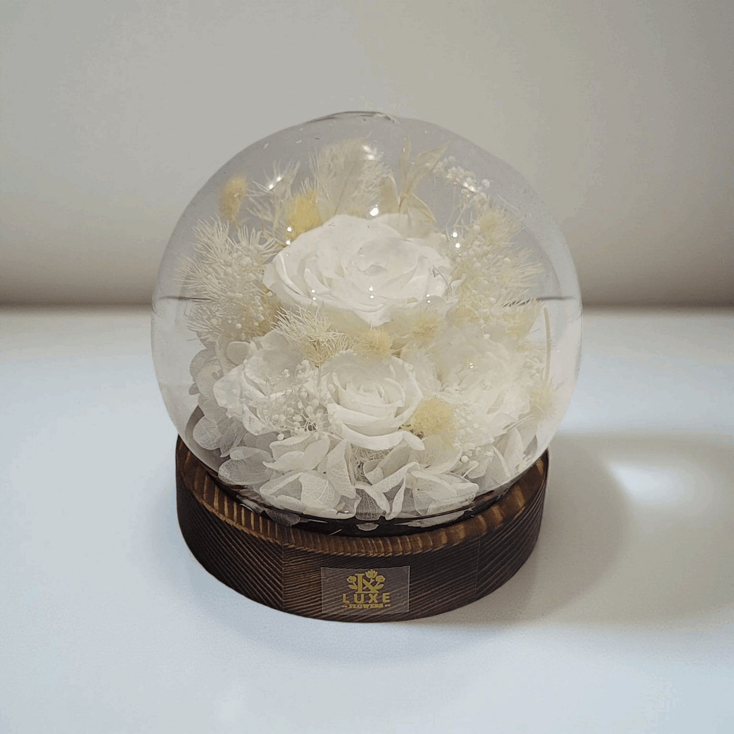 Forever Rose Dome - White preserved Rose and Flower in Glass Dome with LED Light Base