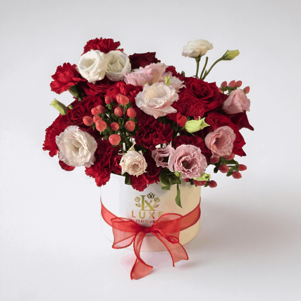 Velvet Bloom- Medium Round - Fresh Mix Red & Blush - Flowers Last Ten Days