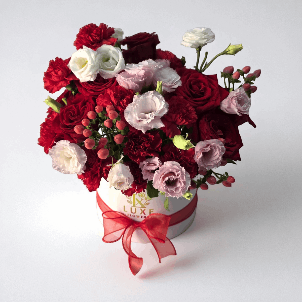 Velvet Bloom- Medium Round - Fresh Mix Red & Blush - Flowers Last Ten Days