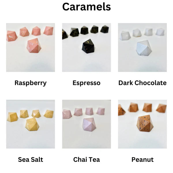 Assorted caramels in different flavors on a white background