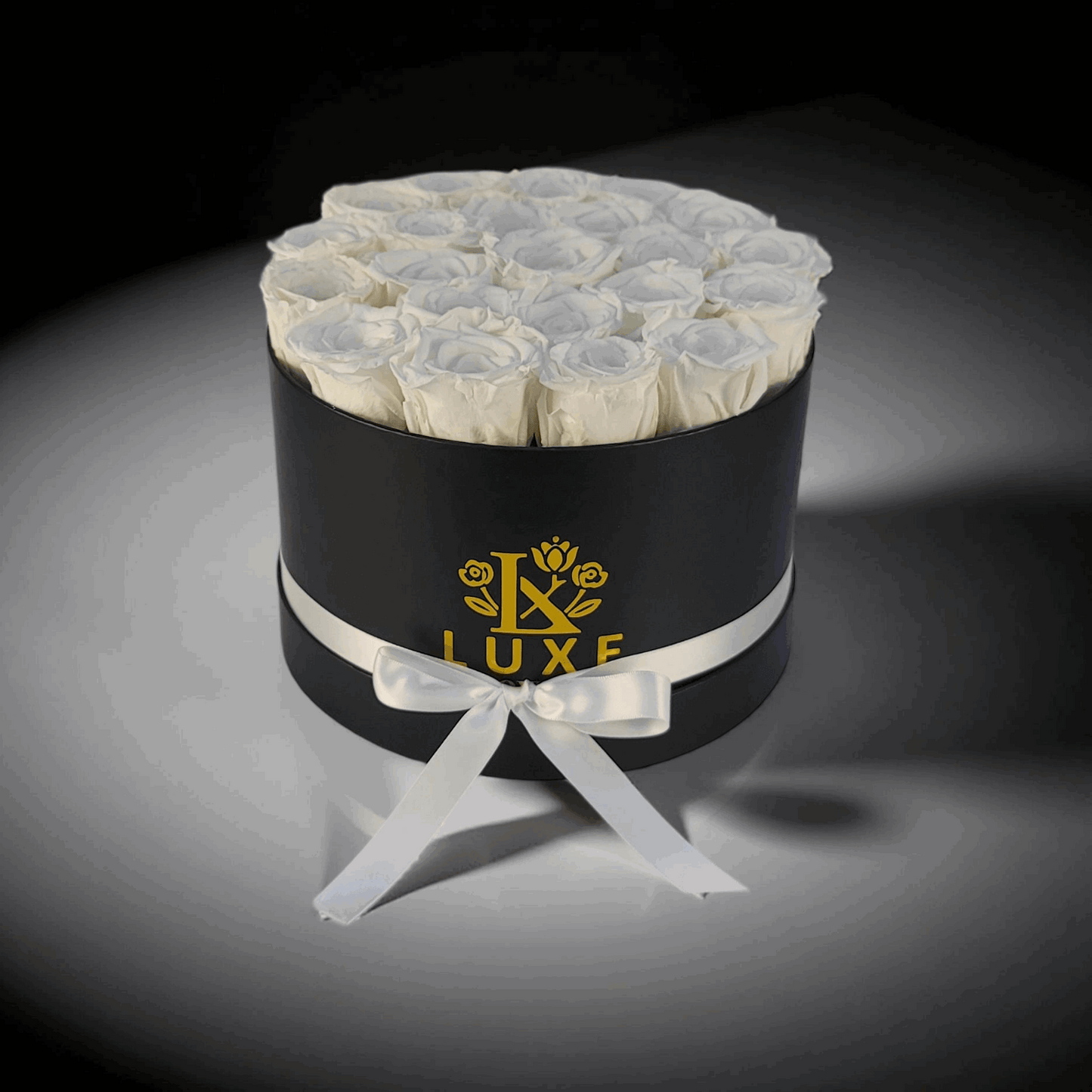 Imperial Infinity - Preserved Roses - White Roses in Black Round Box 