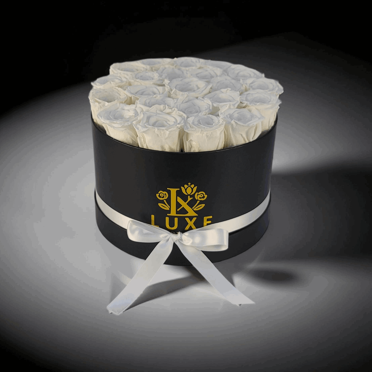 Imperial Infinity - Preserved Roses - White Roses in Black Round Box 
