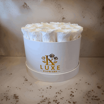 Imperial Infinity - Preserved Roses - White Roses in White Round Box 