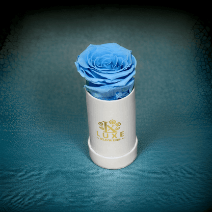 Luxe Legacy - Blue Preserved Rose in XSmall White Round Box - Flowers Last Three Years - Luxe Flowers Canada
