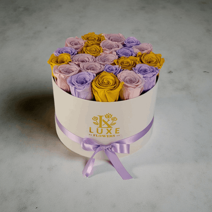 Noble Nostalgia - Pink, Purple & Yellow Preserved Roses in White Round Box - Custom Design Flower Arrangement 