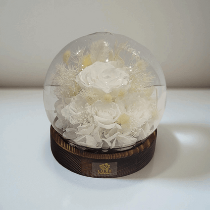 Forever Rose Dome - White preserved Rose and Flower in Glass Dome with LED Light Base